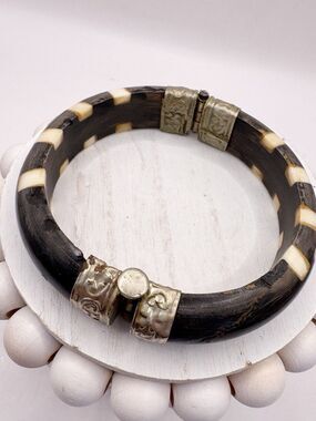 Antique  Horn Bangle Bracelet Bone Inlay Pin Clasp Hinged Primitive Boho